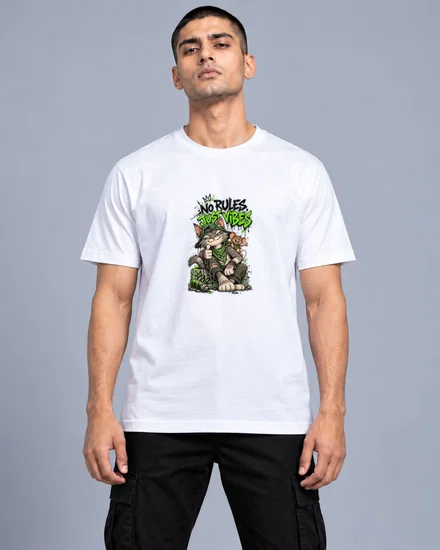 No Rules, Just Vibes Cat Crew printed T-shirt for men
