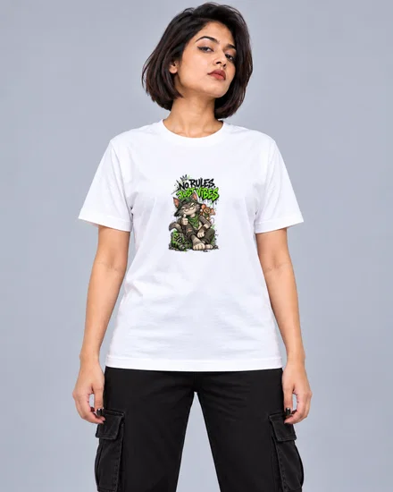 No Rules, Just Vibes Cat Crew printed T-shirt for women