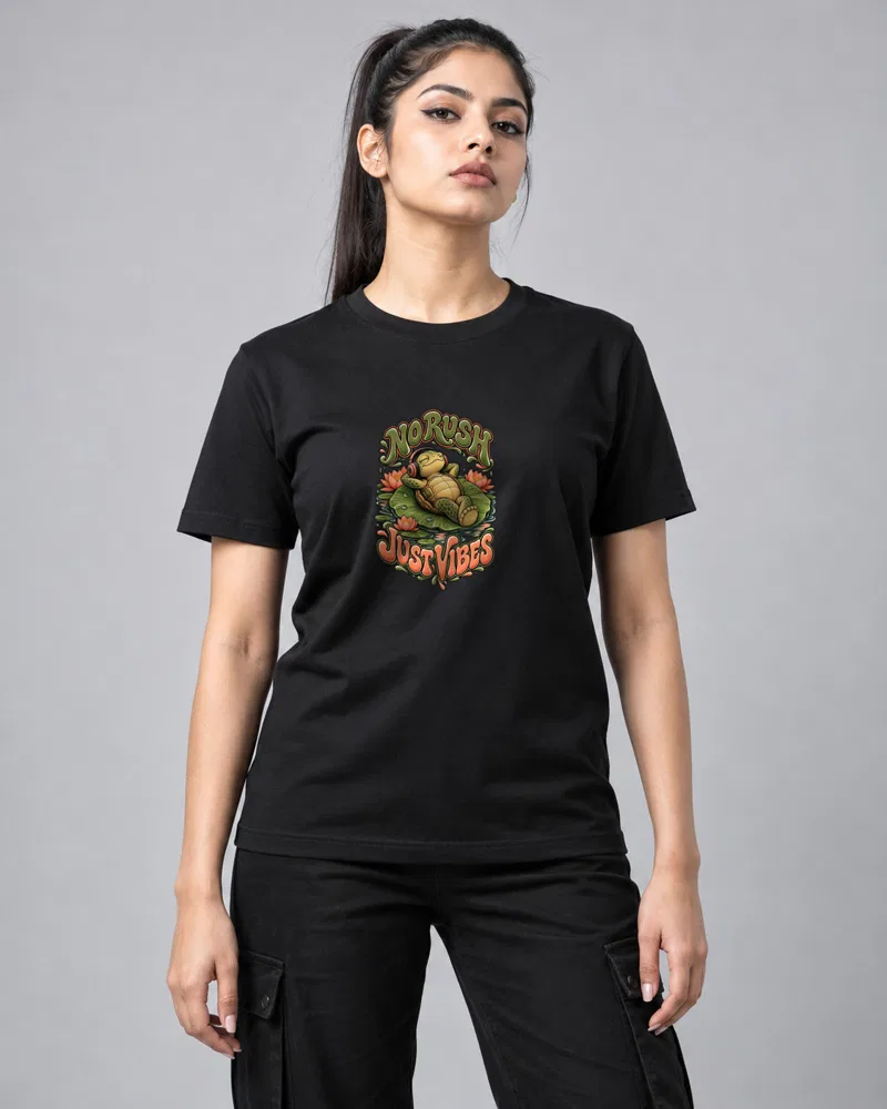 No Rush Turtle Vibes printed T-shirt, black