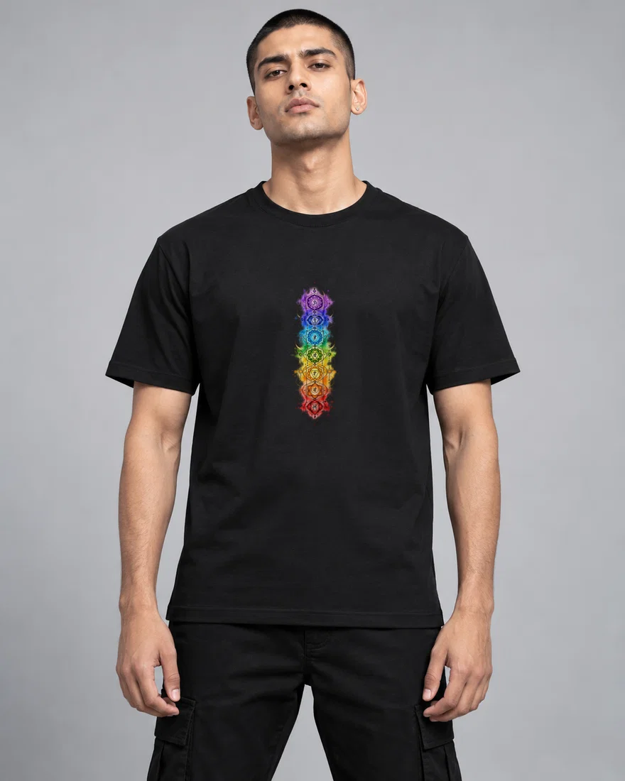 Ornamental Chakra Mandala Column printed T-shirt, black