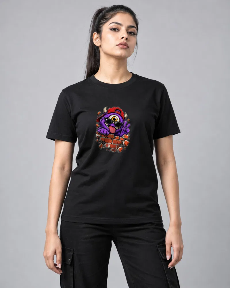 Purple Monster Peace Sign printed T-shirt, black
