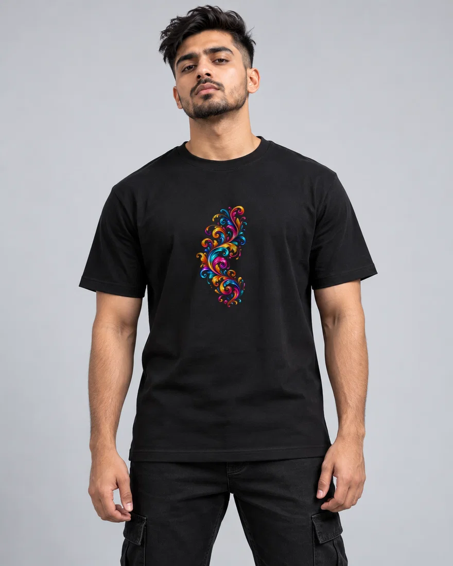 Rainbow Glossy Baroque Flourish printed T-shirt, black