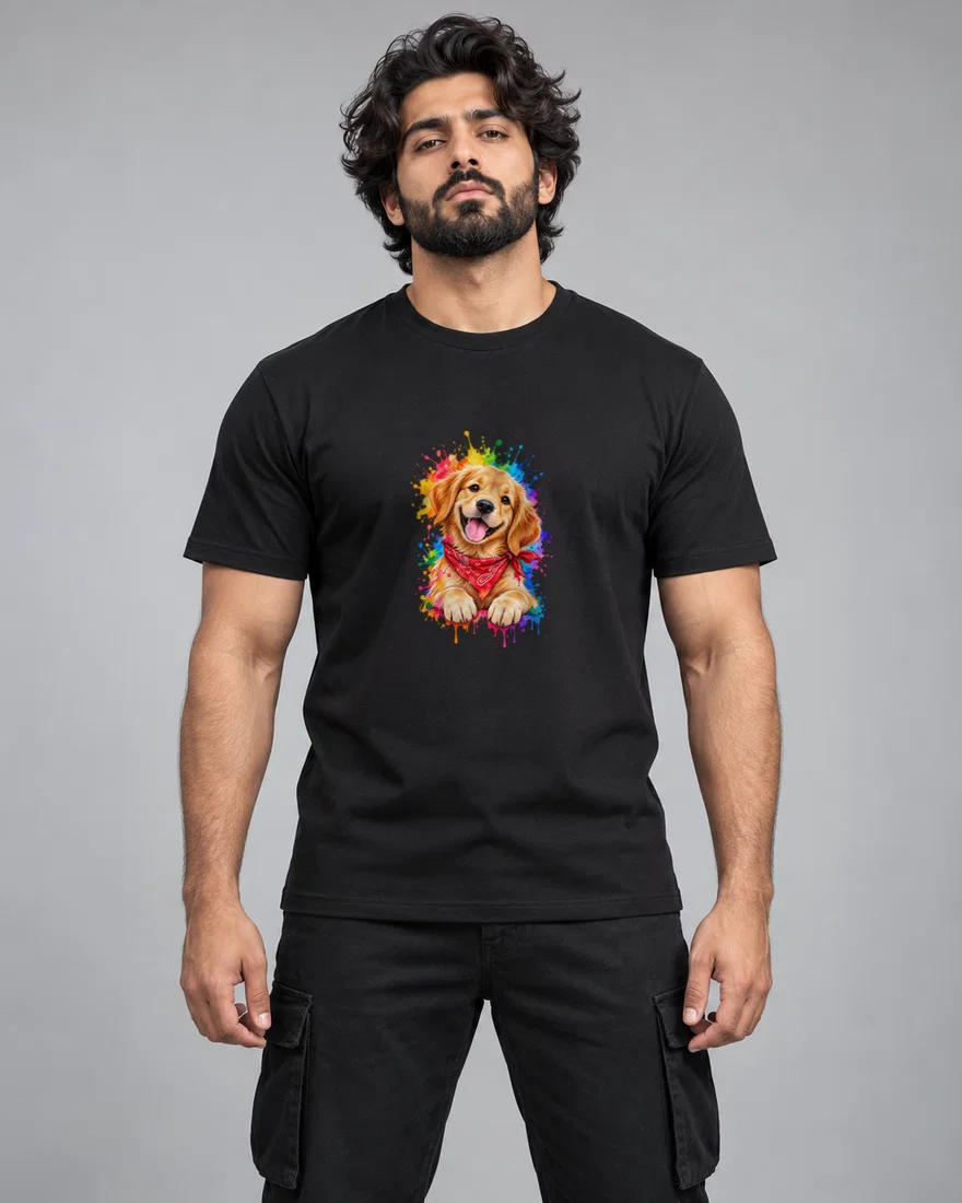 Rainbow Splash Golden Retriever Puppy printed T-shirt, black