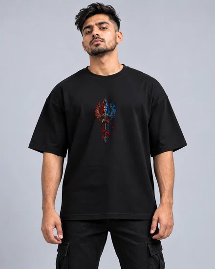 Red And Blue Shiva Trident Emblem printed T-shirt for men and women