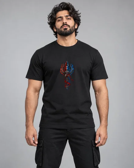 Red And Blue Shiva Trident Emblem printed T-shirt for men