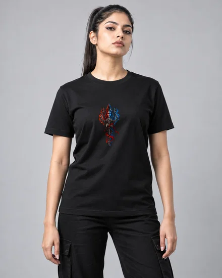 Red And Blue Shiva Trident Emblem printed T-shirt for women