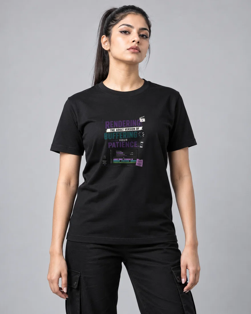 Rendering the adult version of buffering your patience printed T-shirt, black