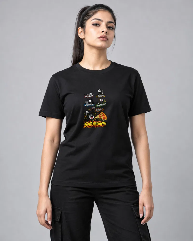 Saturday Pizza Mood printed T-shirt, black