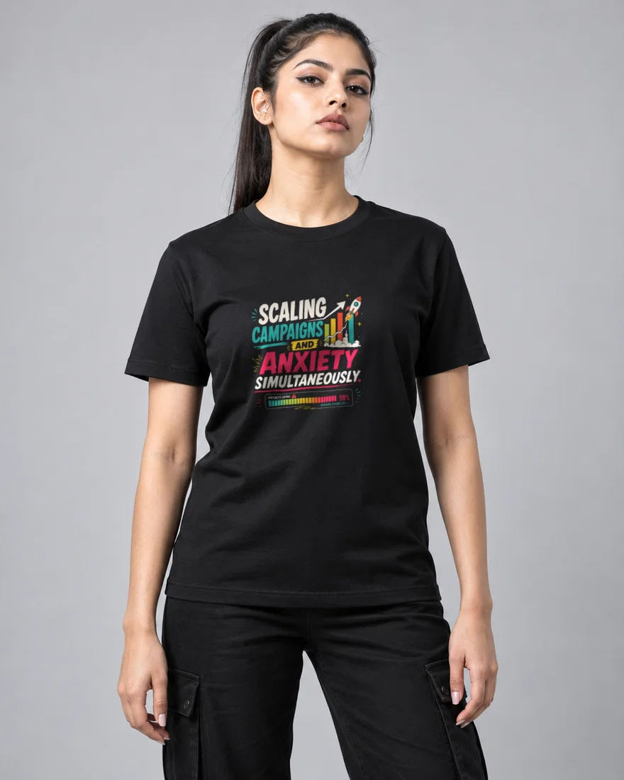 Scaling campaigns and anxiety simultaneously printed T-shirt, black