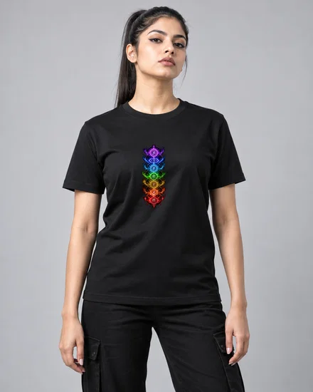 Seven Chakra Cosmic Alignment printed T-shirt for women