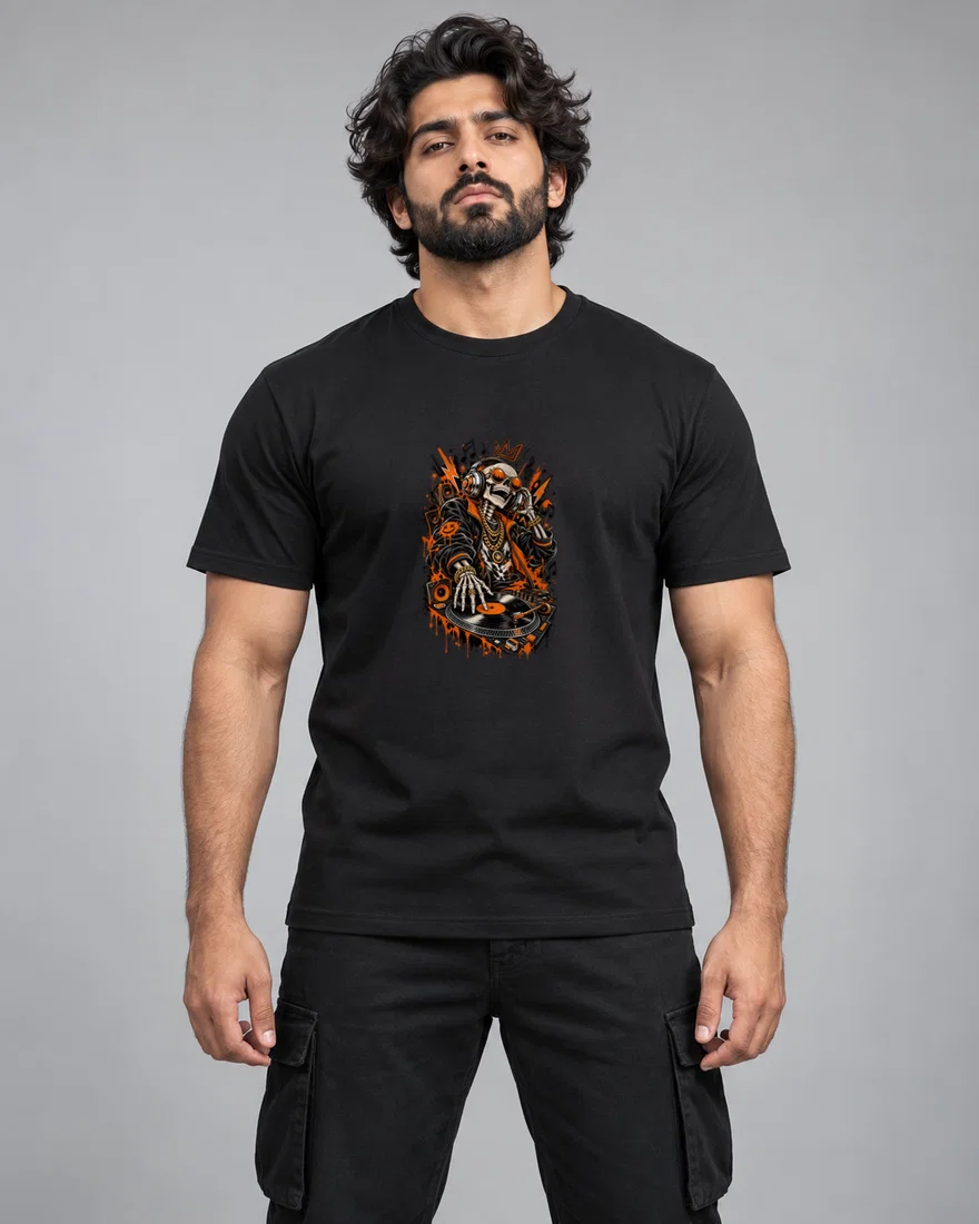 Skeletal DJ Street Art Scratch Set printed T-shirt, black