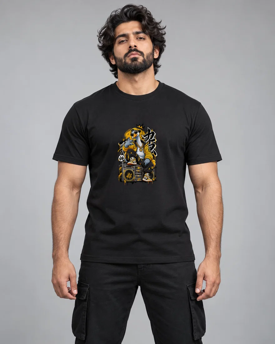Swaggering Graffiti Goose On Boombox printed T-shirt, black