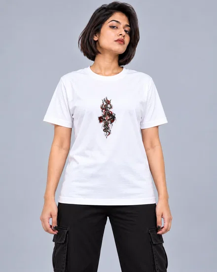 Trishul, Om And Serpent Emblem printed T-shirt for women