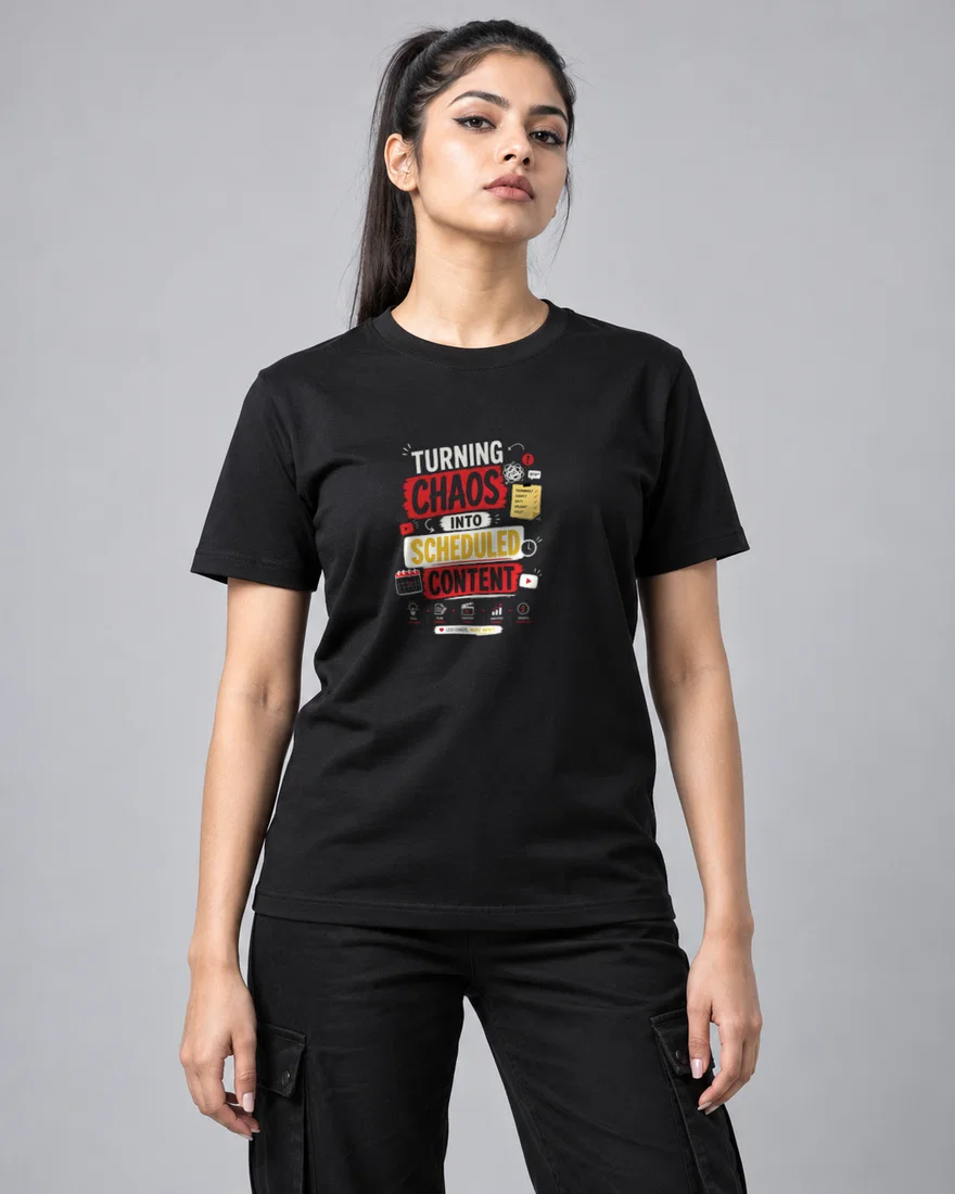 Turning chaos into scheduled content printed T-shirt, black