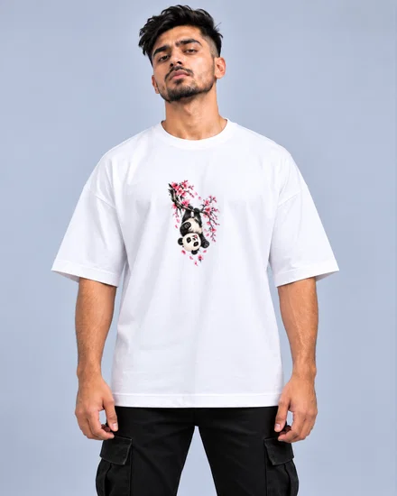 Upside-Down Panda Beneath Cherry Blossoms printed T-shirt for men and women