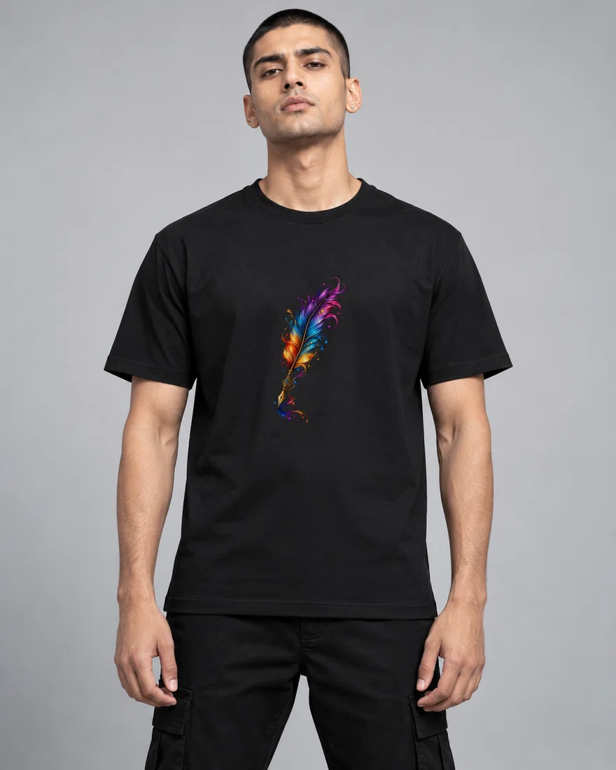 Vibrant Magical Watercolour Quill printed T-shirt, black