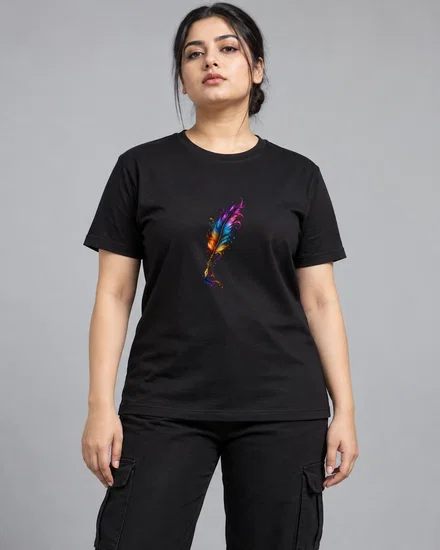 Vibrant Magical Watercolour Quill printed T-shirt for women
