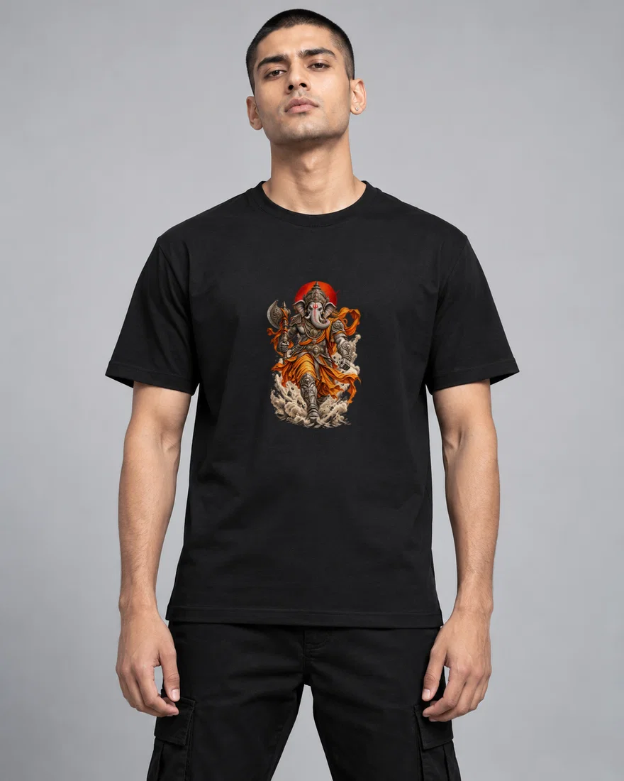 Warrior Ganesha Charging Forward printed T-shirt, black