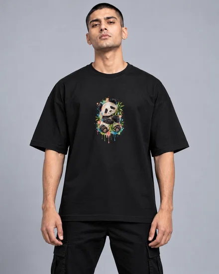 Watercolour Splash Baby Panda With Bamboo printed T-shirt for men and women
