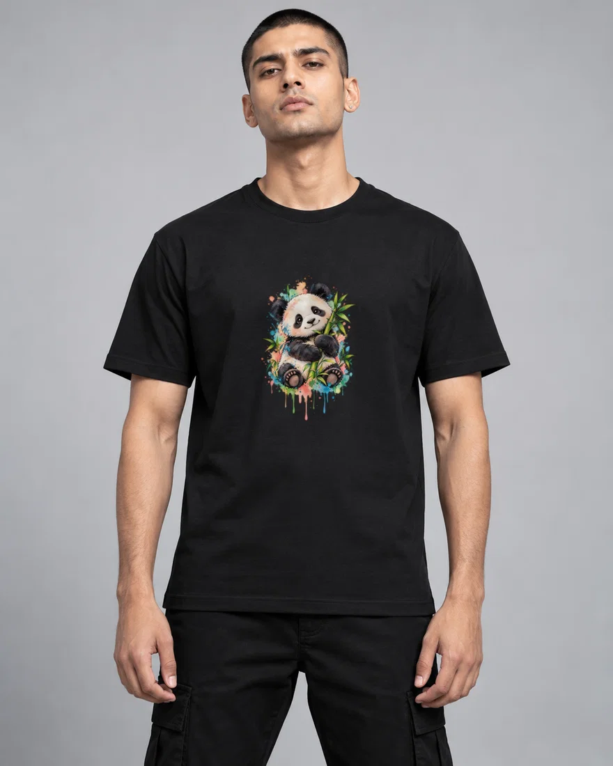 Watercolour Splash Baby Panda With Bamboo printed T-shirt, black