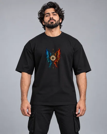 Watercolour Wings And Compass Emblem printed T-shirt for men and women