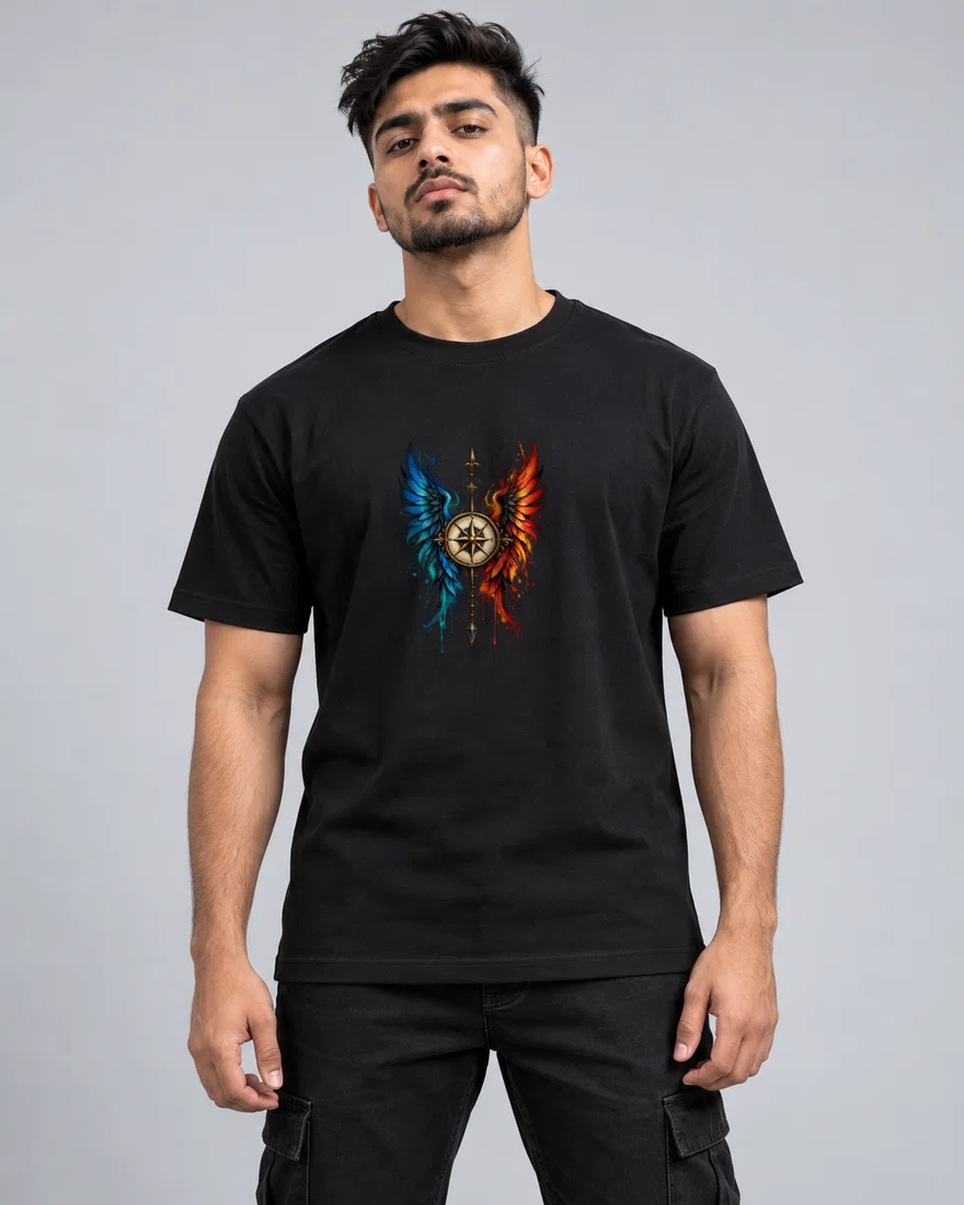 Watercolour Wings And Compass Emblem printed T-shirt, black