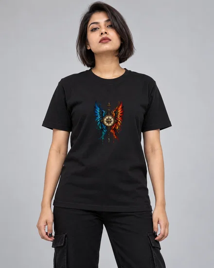 Watercolour Wings And Compass Emblem printed T-shirt for women