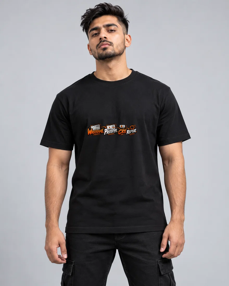Wireframe. Prototype. Cry. Repeat printed T-shirt, black